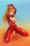  arms_up blue_eyes bodysuit hair_ornament long_hair looking_at_viewer multicolored multicolored_bodysuit multicolored_clothes neon_genesis_evangelion orange_bodysuit orange_hair pilot_suit plugsuit rebuild_of_evangelion red_bodysuit shikinami_asuka_langley shiny shiny_clothes souryuu_asuka_langley test_plugsuit twintails wet zakipong_(zb) 