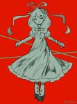  1girl arms_up artist_name closed_mouth dress facing_viewer ferricblue full_body greyscale hair_ribbon kagiyama_hina monochrome red_backgroud ribbon short_sleeves smile solo standing touhou 