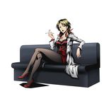  alpha_transparency black_legwear blonde_hair breasts brown_eyes cigarette cleavage crossed_legs divine_gate full_body high_heels highres holding karanomori_shion laboratory lipstick long_hair looking_at_viewer makeup medium_breasts official_art pantyhose psycho-pass red_footwear red_lipstick red_shirt red_skirt shirt shoes sitting skirt smoking solo transparent_background ucmm 