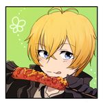  1boy ahoge billy_the_kid_(fate/grand_order) blonde_hair blue_eyes blush coat eating fate/grand_order fate_(series) gloves green_background necktie short_hair tongue tongue_out 