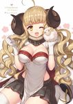  ;d ahoge anila_(granblue_fantasy) bangs blonde_hair blush breasts cleavage draph eyebrows eyebrows_visible_through_hair gloves granblue_fantasy horns large_breasts long_hair looking_at_viewer one_eye_closed open_mouth sakura_neko sheep sheep_horns short_eyebrows skirt smile solo thighhighs white_legwear yellow_eyes zettai_ryouiki 