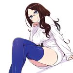  arm_at_side bangs blue_eyes blue_legwear breasts brown_hair chan_co closed_mouth crossed_legs dress eyebrows_visible_through_hair fate/grand_order fate_(series) fingernails glasses hand_on_own_chin hand_up large_breasts leonardo_da_vinci_(fate/grand_order) long_hair long_sleeves looking_at_viewer parted_bangs ribbed_sweater rimless_eyewear short_dress simple_background sitting sleeves_past_wrists smile solo sweater sweater_dress thighhighs turtleneck turtleneck_sweater white_sweater zettai_ryouiki 