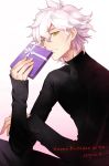  1boy ahoge alternate_costume black_sweater commentary_request danganronpa eyebrows_visible_through_hair gift green_eyes hair_between_eyes hand_on_own_arm happy_birthday holding holding_gift kame4282 komaeda_nagito long_sleeves looking_at_viewer male_focus number short_hair simple_background smile solo super_danganronpa_2 sweater upper_body white_background white_hair 