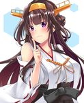  bare_shoulders brown_hair collarbone detached_sleeves double_bun hairband index_finger_raised japanese_clothes kantai_collection kongou_(kantai_collection) light_smile long_hair nontraditional_miko purple_eyes ribbon-trimmed_sleeves ribbon_trim solo wide_sleeves yukinosora7 