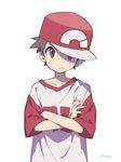  agata_(agatha) baseball_cap brown_eyes brown_hair closed_mouth crossed_arms frown hat looking_at_viewer male_focus oversized_clothes oversized_shirt pokemon pokemon_(game) pokemon_frlg pokemon_sm red_(pokemon) shirt short_sleeves signature simple_background solo t-shirt upper_body white_background 