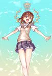  bad_hands brown_eyes brown_hair crossed_legs crown from_below grey_skirt logo looking_at_viewer misaka_mikoto open_mouth outstretched_arms outstretched_wrists post raika9 school_uniform shorts shorts_under_skirt skirt solo sweater_vest to_aru_kagaku_no_railgun to_aru_majutsu_no_index wreath 