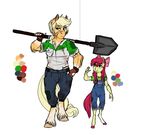  5_fingers anthro apple_bloom_(mlp) applejack_(mlp) blonde_hair clothed clothing duo earthsong9405 equine female fingerless_gloves friendship_is_magic gloves green_eyes hair hooves mammal my_little_pony red_hair scar simple_background standing white_background 