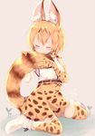 animal_ear_fluff animal_ears blonde_hair bow chita_(ketchup) closed_eyes commentary elbow_gloves full_body gloves highres kemono_friends licking print_skirt serval_(kemono_friends) serval_ears serval_print serval_tail shoes short_hair signature sitting skirt smile solo sprout tail tail_licking twitter_username wariza white_footwear 