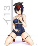  asymmetrical_hair bare_shoulders black_hair brown_eyes framed_breasts hair_between_eyes hayabusa headphones highres i-13_(kantai_collection) kantai_collection looking_at_viewer open_toe_shoes sailor_collar school_swimsuit shoes short_hair simple_background smile solo swimsuit white_background 