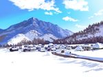  blue_sky building cloud commentary_request day highres house md5_mismatch mountain no_humans original outdoors power_lines road road_sign rural scenery sign sky snow tree village winter 