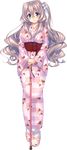  absurdres amakano_~second_season~ animal_slippers aqua_eyes bangs blush bunny_slippers cane crossed_bangs floral_print full_body hands_together highres japanese_clothes kimono kutsuno_kanade long_hair long_sleeves official_art one_side_up pink_hair pink_kimono piromizu smile solo transparent_background v_arms wavy_hair 