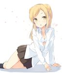  &gt;_o :o :p arm_support artist_name black_legwear blonde_hair bra breasts bunny cleavage commentary_request demi-chan_wa_kataritai double_bun eyebrows_visible_through_hair fang floral_background kneehighs long_hair looking_at_viewer lying mimura_zaja on_side one_eye_closed open_mouth partially_unbuttoned pleated_skirt school_uniform signature simple_background sketch skirt small_breasts solo takanashi_hikari tongue tongue_out underwear white_background white_bra yellow_eyes 