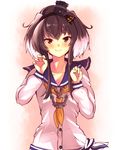  anchor bad_id bad_pixiv_id black_hairband black_hat blush brown_hair buttons chain claw_pose closed_mouth collarbone gradient_hair hairband hat highres kantai_collection long_sleeves looking_at_viewer mini_hat mizuyoukan_(mikususannda) multicolored_hair neckerchief orange_background red_eyes school_uniform serafuku shirt short_hair_with_long_locks sidelocks simple_background smile solo thick_eyebrows tied_shirt tokitsukaze_(kantai_collection) upper_body white_hair white_shirt yellow_neckwear 