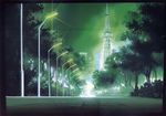  building cityscape highres lamppost night no_humans original outdoors scenery tokyo_(city) tokyo_tower tree 