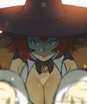  backlighting blurry breasts cape cleavage depth_of_field erica_june_lahaie grey_eyes hat highres jewelry large_breasts pendant red_hair smile solo tabasa upper_body warzard watermark web_address witch_hat 