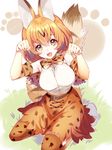  animal_ears belt blonde_hair bow bowtie breasts elbow_gloves fangs gloves kemono_friends kneeling large_breasts looking_at_viewer nochita_shin open_mouth paw_pose paw_print serval_(kemono_friends) serval_ears serval_print serval_tail shirt shoes short_hair skirt sleeveless sleeveless_shirt smile solo tail thighhighs white_footwear white_shirt 