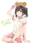  animal animal_on_head arm_support black_hair bow chipmunk commentary hair_bow highres indian_style looking_up love_live! love_live!_school_idol_project monsieur no_shoes on_head red_eyes shirt short_hair short_sleeves shorts simple_background sitting socks solo squirrel t-shirt translated twintails white_background wristband yazawa_nico 