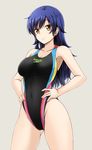  armpits ass_visible_through_thighs bare_shoulders black_swimsuit blue_hair breasts brown_eyes commentary_request competition_swimsuit covered_navel fuuma_nagi grey_background hands_on_hips highleg highleg_swimsuit large_breasts long_hair looking_at_viewer one-piece_swimsuit original smile solo speedo_(company) swimsuit wavy_hair 