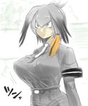  :| ahoge bangs belt bird_wings black_hair bodystocking breasts closed_mouth collared_shirt covered_nipples eyebrows_visible_through_hair eyelashes feathered_wings green_eyes grey_belt grey_shirt grey_shorts hair_between_eyes head_wings henriiku_(ahemaru) highres kemono_friends large_breasts long_hair low_ponytail motion_lines necktie orange_hair see-through shirt shoebill_(kemono_friends) short_sleeves shorts side_ponytail silver_hair solo standing white_neckwear wings 