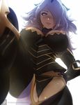  armor artist_name black_armor black_panties boots breasts camilla_(fire_emblem_if) cleavage erica_june_lahaie fire_emblem fire_emblem_if from_below groin hands_on_hips highres large_breasts lips looking_at_viewer looking_down panties patreon_username purple_eyes purple_hair skindentation smile solo thigh_boots thighhighs underwear vambraces watermark web_address white_background 