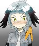  &gt;:( ahoge alternate_hairstyle bangs bangs_pinned_back bird_wings black_hair blush breasts closed_mouth collared_shirt fankupl feathered_wings frown gradient gradient_background green_eyes grey_shirt head_wings kemono_friends long_hair looking_away looking_to_the_side low_ponytail medium_breasts multicolored_hair necktie nose_blush orange_hair pocket shirt shoebill_(kemono_friends) short_sleeves silver_hair solo tsurime v-shaped_eyebrows wavy_mouth white_neckwear wings 