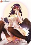  albedo bare_shoulders bearwitch black_hair black_wings blush breasts brown_legwear covered_mouth demon_girl demon_horns detached_collar dress elbow_gloves eyelashes feathered_wings gloves hair_between_eyes hand_on_own_cheek hand_on_own_face hands_up highres hip_vent horns knees_up large_breasts long_hair looking_at_viewer looking_away low_wings overlord_(maruyama) panties pantyshot pantyshot_(sitting) purple_hair sitting slit_pupils smile solo striped striped_panties teeth thighhighs underwear very_long_hair white_dress white_gloves wings yellow_eyes 
