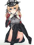 anchor black_legwear black_skirt blonde_hair blue_eyes breasts full_body gloves hat highres iron_cross kantai_collection long_hair long_sleeves medium_breasts miniskirt no_shoes peaked_cap prinz_eugen_(kantai_collection) rinarisa sitting skirt solo thighhighs white_gloves 
