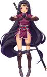  absurdly_long_hair absurdres armor ass_visible_through_thighs black_hair full_body gloves hand_gesture hands_together headband highres hikage_eiji holster koihime_musou long_hair looking_at_viewer lowleg official_art over-kneehighs panties pelvic_curtain red_eyes sheath sheathed short_sleeves shuutai solo sword tears thigh_holster thighhighs transparent_background underwear very_long_hair weapon 