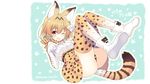 ;d animal_ears animal_print ankle_boots artist_name ass bare_shoulders black_bow black_hair blonde_hair blush boots bow bowtie breasts buttons copyright_name elbow_gloves eyebrows_visible_through_hair foreshortening full_body gloves high-waist_skirt highres inuzumi_masaki kemono_friends legs_up lying medium_breasts multicolored multicolored_clothes multicolored_gloves multicolored_hair multicolored_legwear on_back one_eye_closed open_mouth paw_background paw_pose red_eyes serval_(kemono_friends) serval_ears serval_print serval_tail shirt short_hair skirt sleeveless sleeveless_shirt smile solo streaked_hair tail thighs translated twitter_username white_footwear white_shirt 