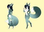  black_hair breasts butt canine d-cups fan_character female front_view fur green_fur hair hands_on_hips long_hair looking_at_viewer looking_back mammal multi-colored_eyes nipples nude pawpads pussy raised_tail sm0shy smile solo standing stripes trish_eledon_(character) white_fur wolf 