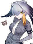  :&gt; bangs belt blush bodystocking bodysuit breast_pocket breasts collar collared_shirt ears eyebrows_visible_through_hair fingerless_gloves gloves grey_hair grey_legwear grey_shirt hand_on_hip head_wings japari_symbol kemono_friends large_breasts long_hair looking_at_viewer low_ponytail multicolored_hair necktie pocket shirt shoebill_(kemono_friends) simple_background smile solo solopipb white_background yellow_eyes 