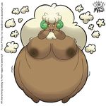  2012 anthro anthrofied areola belly big_belly big_breasts biped breasts brown_fur cotton covering_mouth covering_own_mouth female flora_fauna fur huge_breasts looking_at_viewer nintendo nipples obese open_mouth open_smile orange_eyes overweight overweight_female plant pok&eacute;mon pok&eacute;morph shaking simple_background smile solo standing tongue url video_games watermark whimsicott wide_hips xx-redandroid-xx 