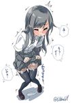  arm_warmers asashio_(kantai_collection) ass_visible_through_thighs bangs black_hair black_legwear black_skirt blush brown_footwear closed_eyes collared_shirt drooling ebifurya eyebrows_visible_through_hair facing_viewer full_body highres kantai_collection knees_together_feet_apart loafers long_hair open_mouth pee peeing peeing_self pleated_skirt saliva shirt shoes short_sleeves sidelocks simple_background skirt skirt_lift solo speech_bubble standing steam suspender_skirt suspenders sweat tears thigh_gap thighhighs translated trembling twitter_username white_background white_shirt 