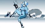  2017 anthro armor big_breasts blue_eyes blue_hair boots breasts canine clothed clothing english_text female fenrir_lunaris footwear fur grey_fur hair helmet huge_breasts laser_gun lassie_lunaris long_hair looking_at_viewer mammal navel nipple_bulge panties pasties ranged_weapon signature sitting skimpy solo text translucent transparent_clothing underwear weapon white_fur wolf 
