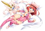  armpits ass_visible_through_thighs backless_outfit bangs bare_shoulders blue_eyes blush breasts collarbone covered_navel detached_sleeves hat holding holding_staff long_sleeves looking_at_viewer magical_girl medium_breasts open_mouth original pink_legwear red_hair shinozuka_atsuto sideboob skin_tight solo staff thighhighs two_side_up 