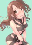  blue_background blush bondage_outfit breasts brown_eyes brown_hair commentary_request embarrassed highres hot_limit idolmaster idolmaster_cinderella_girls long_hair looking_at_viewer medium_breasts one_side_up open_mouth shiki_hinako shimamura_uzuki simple_background solo t.m.revolution wavy_mouth 