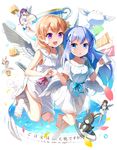  &gt;_&lt; :&lt; :d angel angel_wings anko_(gochiusa) arms_behind_back barefoot black_ribbon blonde_hair blue_eyes blue_hair blush brown_hair bubble closed_eyes closed_mouth collarbone covering covering_crotch crown cup dress emerane english eyebrows_visible_through_hair flower gochuumon_wa_usagi_desu_ka? green_eyes gun hair_between_eyes hair_flower hair_ornament hair_ribbon hairclip hand_on_another's_shoulder handgun highres holding holding_hands hoto_cocoa kafuu_chino kirima_sharo leaning_forward legs_up long_hair looking_at_viewer mini_crown multiple_girls nose_blush open_mouth petals pistol purple_eyes purple_hair ribbon ripples robe short_sleeves sitting sleeveless sleeveless_dress smile solid_circle_eyes spoon sugar_cube teacup tedeza_rize tippy_(gochiusa) title_parody toeless_legwear twintails ujimatsu_chiya upside-down very_long_hair weapon white_background white_dress white_wings wings x_hair_ornament 