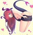  :d alternate_costume ass backless_outfit bare_arms bare_shoulders bent_over blue_eyes blush breasts cropped_legs curled_horns diagonal_stripes dragon_horns dragon_tail elizabeth_bathory_(brave)_(fate) elizabeth_bathory_(fate)_(all) eyebrows_visible_through_hair fate/extra fate/extra_ccc fate/grand_order fate_(series) hairband hanging_breasts heart horns long_hair looking_at_viewer medium_breasts meme_attire naked_sweater navel open_mouth pointy_ears red_hair sleeveless sleeveless_turtleneck smile solo standing stomach straight_hair striped striped_background sweater tail tareme turtleneck turtleneck_sweater underboob virgin_killer_sweater yoshiheihe 