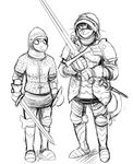  anthro armor black_and_white cat_knight cervine deer deer_prince duo female helmet hladilnik knight male mammal melee_weapon monochrome scar shield smile sword weapon zweihander 