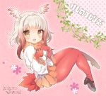  artist_name bangs black_footwear blunt_bangs copyright_name full_body fur_trim gloves head_wings japanese_crested_ibis_(kemono_friends) kemono_friends kokorominton long_sleeves looking_at_viewer miniskirt multicolored_hair orange_skirt pantyhose red_gloves red_hair red_legwear shirt shoes sidelocks sitting skirt smile solo two-tone_hair white_hair white_shirt yellow_eyes 