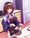  apron black_apron blue_eyes blue_sweater blush book bow bowl brown_hair chocolate_making closed_mouth cookbook highres holding holding_bowl idolmaster idolmaster_cinderella_girls indoors kitchen long_hair long_sleeves magnet microwave mixing_bowl open_book red_bow refrigerator sagisawa_fumika sakurano_yukke sidelocks smile solo standing stick stirring sweater tray valentine whisk wooden_floor 