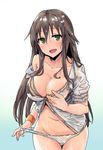  :3 :d blush breasts brown_hair buttons cat_hair_ornament cleavage clothes_writing collarbone copyright_request cowboy_shot gradient gradient_background green_eyes grey_shirt groin hair_ornament hairclip head_tilt himekawa_yuki idolmaster idolmaster_cinderella_girls long_hair medium_breasts navel no_bra open_clothes open_mouth open_shirt panties panty_pull pulled_by_self shirt short_sleeves sketch smile solo standing starheart stomach straight_hair sweatband tareme unbuttoned unbuttoned_shirt underwear very_long_hair water_drop wet wet_hair white_panties 