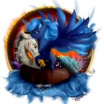  blood blue_eyes blue_feathers blue_fur blue_hair cutie_mark discord_(mlp) discordthege draconequus duo equine feathered_wings feathers female feral friendship_is_magic fur hair hooves horn magic mammal my_little_pony princess_luna_(mlp) red_eyes teeth winged_unicorn wings 