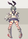  1boy boots bunny_ears cosplay crossdressing full_body gloves green_hair high_speed! kantai_collection kirishima_ikuya memeo_(candy_house) miniskirt navel open_mouth red_eyes ribbon sailor_uniform short_hair shota simple_background skirt striped_legwear thighhighs thong trap 