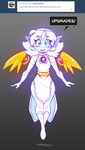 blush breasts chalo clothed clothing cute digit female gradient_background green_eyes hair humanoid las_lindas machine not_furry open_mouth robot simple_background smile solo text thick_thighs tongue tumblr white_body white_hair wide_hips wings 