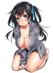  bare_legs barefoot between_legs black_hair black_skirt blue_eyes blue_ribbon breasts cleavage closed_mouth collarbone grey_shirt hair_ornament hair_ribbon hairclip hand_between_legs head_tilt keita_(tundereyuina) kneeling large_breasts leaning_forward light_frown long_hair long_sleeves looking_at_viewer miniskirt no_bra open_clothes open_shirt original pink_lips pleated_skirt ribbon shiny shiny_skin shirt simple_background skirt solo tareme white_background 