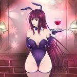  alcohol animal_ears arm_behind_back bangs breasts brick_wall bunny_ears bunnysuit cowboy_shot cup detached_collar drinking_glass elbow_gloves eyebrows_visible_through_hair fake_animal_ears fate/grand_order fate_(series) fishnet_legwear fishnets gloves hair_between_eyes hairband hand_up highres holding holding_tray indoors large_breasts leotard long_hair looking_at_viewer open_mouth parted_lips purple_gloves purple_hair purple_hairband purple_leotard red_eyes scathach_(fate)_(all) scathach_(fate/grand_order) solo sukumo_(kemutai) sweat sweatdrop thighhighs thighs tray very_long_hair wine wine_glass wrist_cuffs 