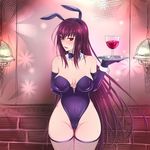  alcohol animal_ears arm_behind_back bangs blush breasts brick_wall bunny_ears bunnysuit cowboy_shot cup detached_collar drinking_glass elbow_gloves embarrassed eyebrows_visible_through_hair fake_animal_ears fate/grand_order fate_(series) fishnet_legwear fishnets gloves hair_between_eyes hairband hand_up highres holding holding_tray indoors large_breasts leotard long_hair looking_at_viewer open_mouth parted_lips pubic_hair purple_gloves purple_hair purple_hairband purple_leotard red_eyes scathach_(fate)_(all) scathach_(fate/grand_order) solo sukumo_(kemutai) sweat sweatdrop thighhighs thighs tray very_long_hair wine wine_glass wrist_cuffs 
