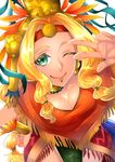  1girl aztec blonde_hair breasts choker cleavage earrings fate/grand_order fate_(series) green_eyes headband jewelry long_hair one_eye_closed quetzalcoatl_(fate/grand_order) skirt smile v wink 