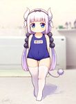  ass_visible_through_thighs bangs beads blue_eyes blunt_bangs blush covered_navel dragon_girl dragon_horns eyebrows_visible_through_hair full_body gradient_hair hair_beads hair_ornament hairband highres horns kanna_kamui kobayashi-san_chi_no_maidragon langbazi lavender_hair long_hair looking_at_viewer multicolored_hair name_tag one-piece_swimsuit school_swimsuit silver_hair solo swimsuit tail thigh_gap thighhighs twintails two-tone_hair white_legwear 